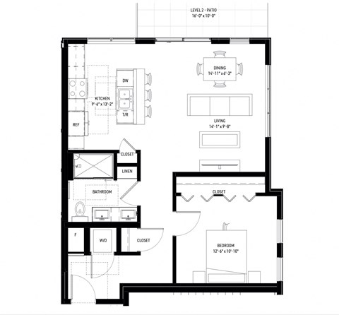 Floor plan for 1 bed, 1 bath, 815 sqft